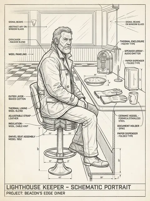 /imagine prompt: blueprint-schematic portrait of a lighthouse keeper inside a 19 - AI生成图片 2