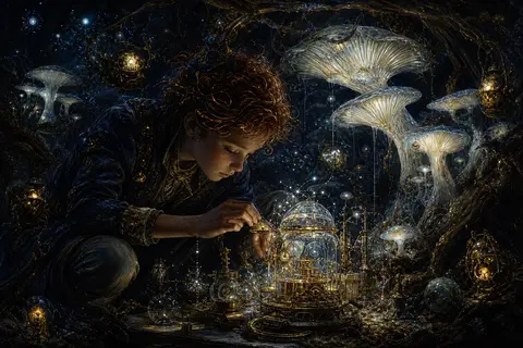 A young tinkering inventor with copper-threaded hair crouches beneath giant glow - AI生成图片 1