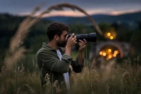Cinematic medium shot of a young man with a trimmed beard and short brown hair, - AI生成图片 1