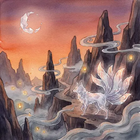 mythical nine-tailed fox spirit wandering a fog-shrouded mountain pass, frosted - AI生成图片 2