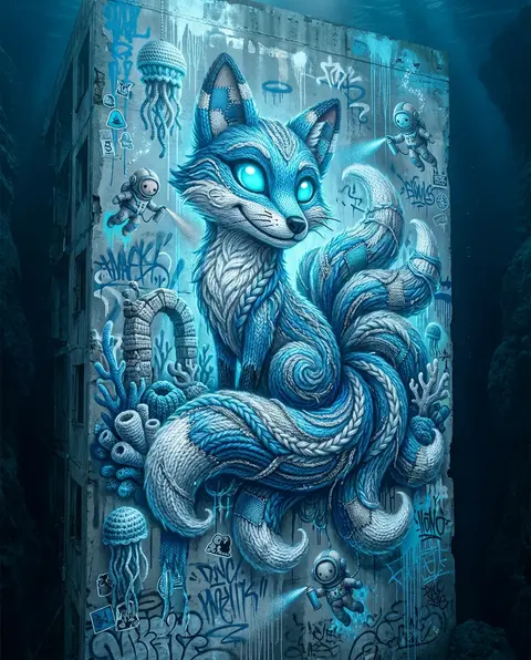 A towering vertical graffiti street mural of a mythical nine-tailed fox spirit d - AI生成图片 2