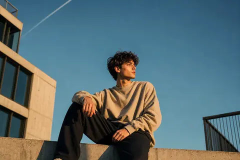 Create a cinematic lifestyle portrait of a stylish young man sitting casually on - AI生成图片 2