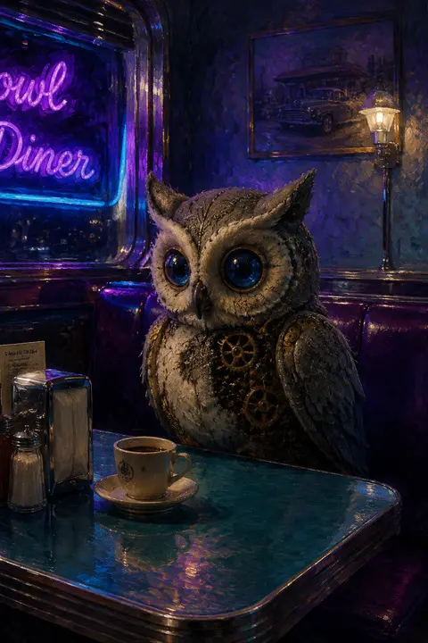 A solitary clockwork owl in soft felt perched inside a chrome-and-vinyl 1950s di - AI生成图片 3