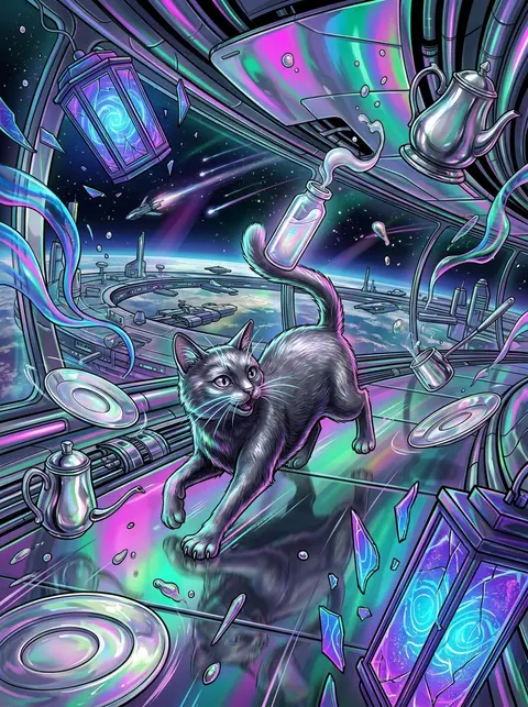 A mischievous tea-house cat with sleek silver-black fur and luminous whiskers sk - AI生成图片 1