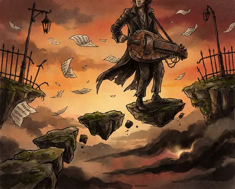 A tense cinematic watercolor storybook illustration of a wandering street musici - AI生成图片 2