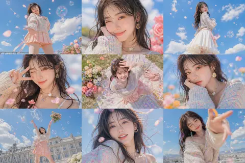 A vibrant 3×3 editorial photo collage featuring nine distinct, expressive poses - AI生成图片 2