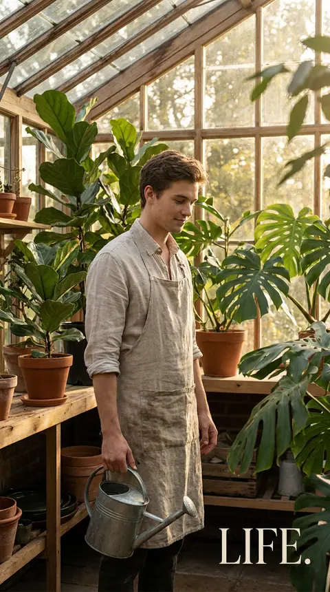 Premium editorial campaign.Main Subject:Young man florist watering tall indoor p - AI生成图片 3
