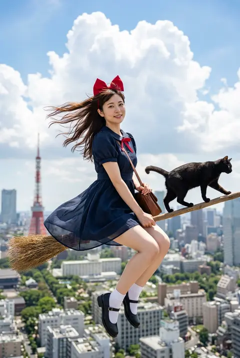 主題： 空の便 人物・表情： 20代女性。赤い大きなリボンを頭につけ、暗めのブラウンロングヘアが上空の風で画面左へ大きく流れている。清潔感のある日系メイク、自 - AI生成图片 1