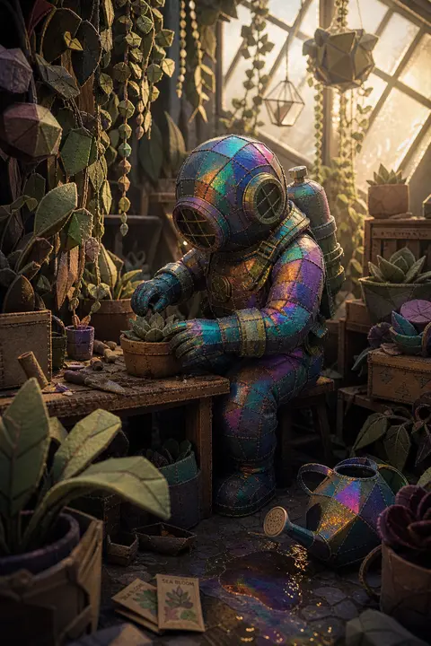A melancholic low-poly 3D render of a deep-sea diver նստled in a sun-drenched gr - AI生成图片 1