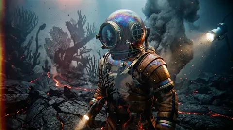 A full-body deep-sea diver in a lacquered-wood pressure suit, submerged within a - AI生成图片 4