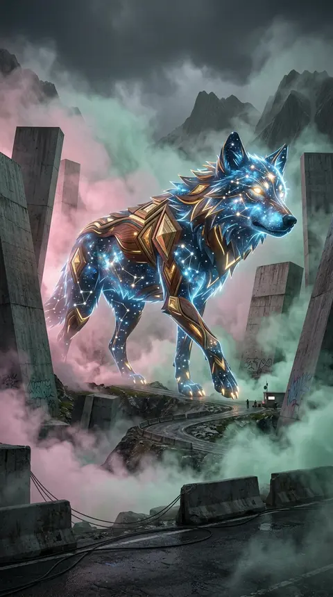 Epic monumental scene in a fog-drenched mountain pass: a colossal wolf formed fr - AI生成图片 1