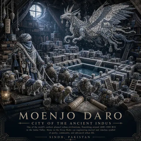 A haunting vertical travel-art poster for **MOENJO DARO, SINDH, PAKISTAN** reima - AI生成图片 1