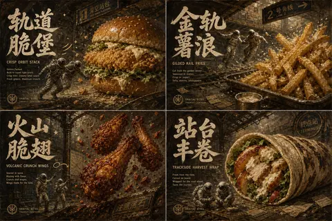 A museum-grade 2x2 four-panel campaign tableau for a fictional interstellar tran - AI生成图片 1
