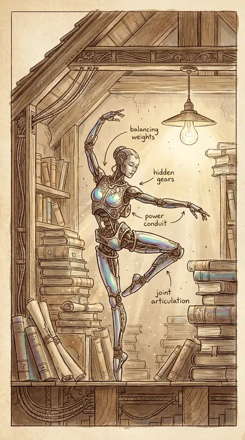 robotic ballet dancer, cozy cluttered attic library, blueprint schematic illustr - AI生成图片 1