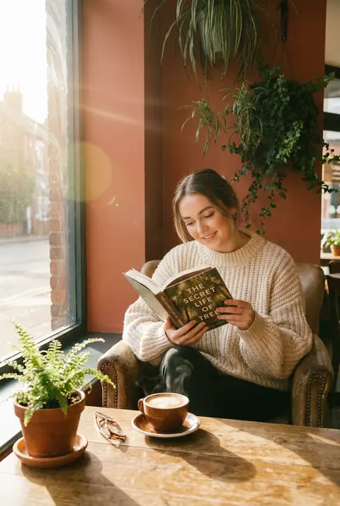Warm cozy lifestyle photograph of a young woman with soft natural makeup reading - AI生成图片 2