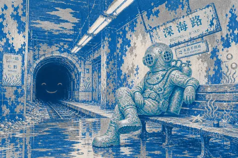 一位佩戴老式铜环头盔的深海潜水员斜倚在废弃地铁站台边缘的长椅上，身形轻快而带点顽皮，像在等待一列永远不会到来的幻想列车；整套潜水装备被重新想象为雕刻玉石般的质感 - AI生成图片 1