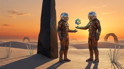 Twin astronaut explorers standing close beside a half-buried monolithic beacon i - AI生成图片 3