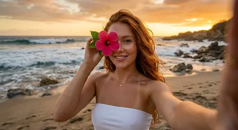 Ultra-realistic beach selfie of Elara Vance, a young woman with long wavy copper - AI生成图片 3
