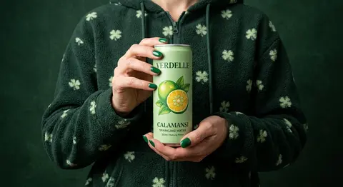 A photorealistic product shot of a person holding a slim, light green can of Ver - AI生成图片 1