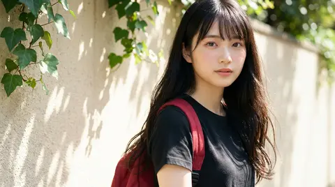 Beautiful young Japanese girl with long silky black hair and soft wispy bangs, l - AI生成图片 1