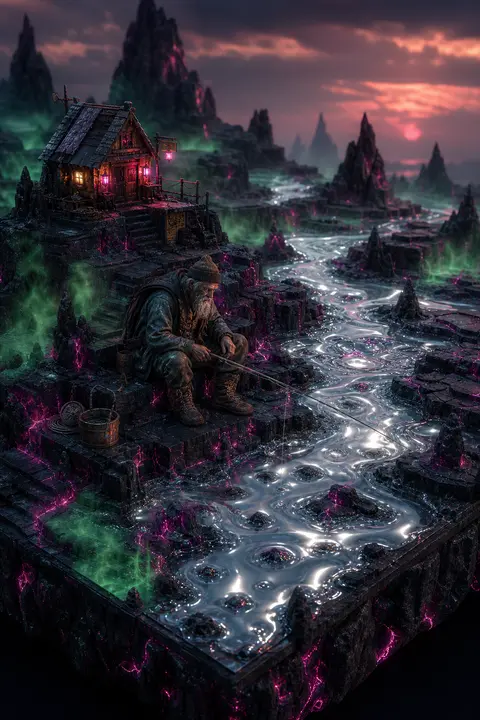 isometric miniature scene of an elderly fisherman pausing alone in a volcanic wa - AI生成图片 1