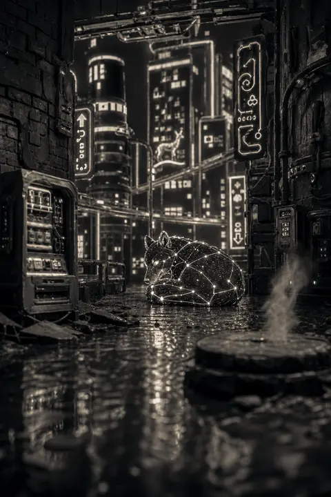 粘土定格动画质感的竖幅画面：一只由星座骨架与细小星尘节点构成的孤狼蜷坐在雨夜霓虹巨城的窄巷尽头，轮廓像骨白星图在深炭黑空气中微微发亮；湿漉漉的抛光铬金属路面倒映 - AI生成图片 2