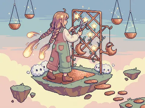 16-bit pixel art scene of a celestial gardener with comet-braid hair and oversiz - AI生成图片 1
