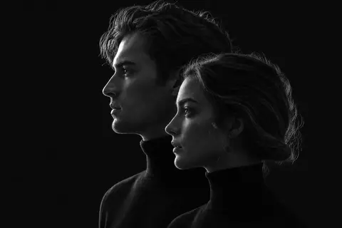 Monochrome fine-art editorial portrait of a man and woman arranged in perfect ta - AI生成图片 2