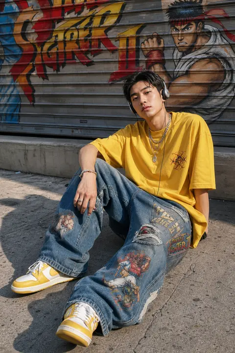 Sunlit urban streetwear portrait of a stylish young man sitting casually on a co - AI生成图片 1