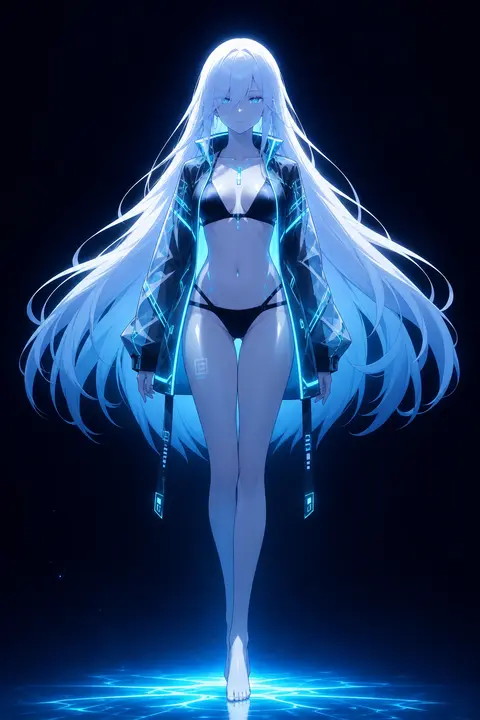 full body view of a mysterious anime woman, long flowing white hair, futuristic - AI生成图片 1