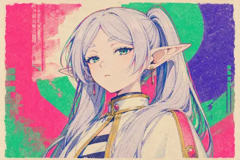 9:16 竖构图，Risograph 孔版印刷海报风，明确是印刷插画而非照片、非刺绣、非工笔；主题聚焦《葬送的芙莉莲》中的成年女性角色芙莉莲单人半身像，角色形象 - AI生成图片 2