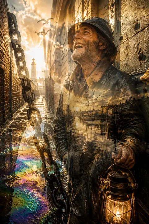 Double-exposure photography of a joyful lighthouse keeper in a rain-soaked back - AI生成图片 1