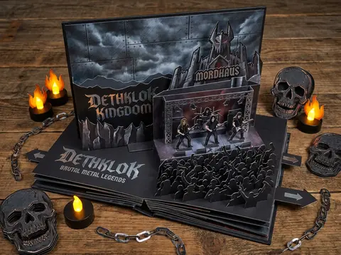 Create a Metalocalypse-themed 3D pop-up papercraft storybook diorama on rustic t - AI生成图片 1