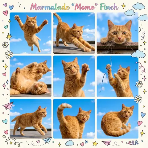 A lively ginger tabby named Marmalade “Momo” Finch appears in a vibrant 3x3 coll - AI生成图片 3