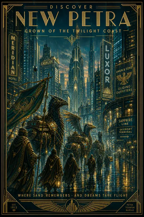 A rain-slick neon metropolis at twilight, rendered as an art deco travel poster - AI生成图片 1