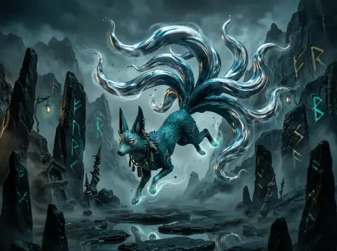 A mysterious claymation stop-motion poster of a mythical nine-tailed fox spirit - AI生成图片 1