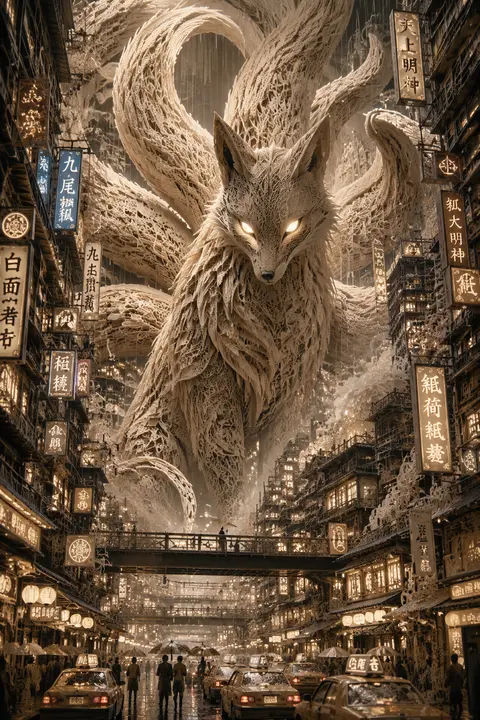 masterpiece, best quality, monumental fantasy scene, a colossal nine-tailed fox - AI生成图片 1