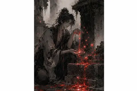 9:16 vertical ink-wash portrait of a whimsical celestial gardener in crumbling t - AI生成图片 1