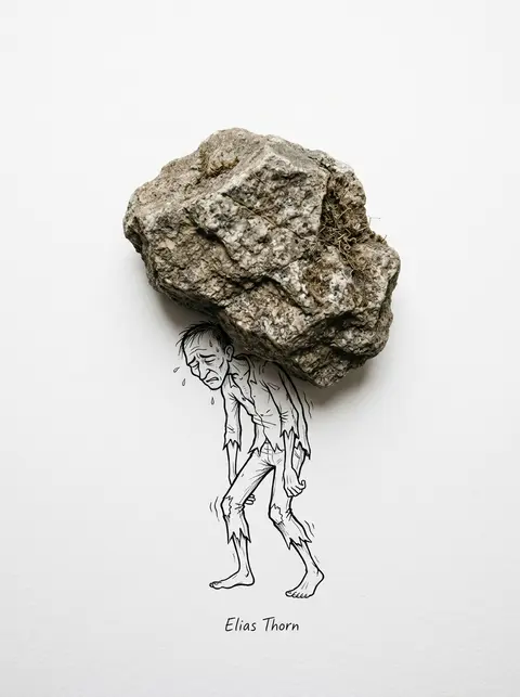 一幅极简概念摄影气质的超现实混合媒介画面：在纯白纸面或白色哑光台面上，黑白线稿卡通人物“Elias Thorn”以手绘插画形式出现——他身形单薄消瘦，眉头紧锁， - AI生成图片 2