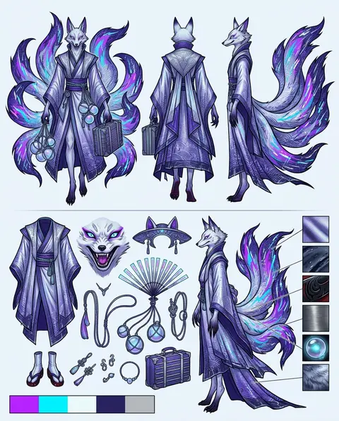 Character design sheet of a mythical nine-tailed fox spirit who brokers stolen r - AI生成图片 1
