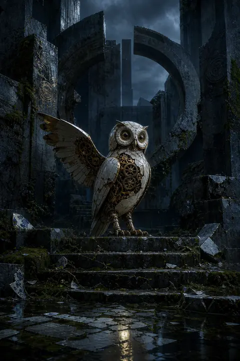 A melancholic nostalgic composition centered on a clockwork owl standing atop fr - AI生成图片 1