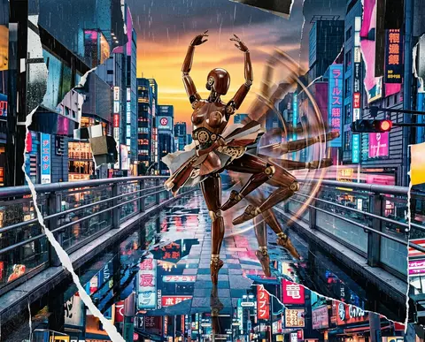 A lacquered-wood robotic ballet dancer frozen mid-pirouette on a rain-slick skyb - AI生成图片 2