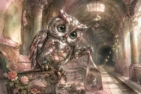 废弃地铁站台上的一只发条猫头鹰，作为画面唯一主角，超精细近距离竖构图，童话绘本风水彩插画；它由抛光铬金属与细密齿轮构成，圆润夸张却优雅灵动，双翼半拢像在偷偷藏着 - AI生成图片 2