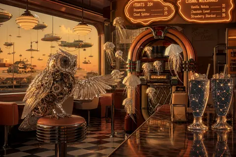 A clockwork owl perched on a chrome-topped stool in a 1950s retro diner, its bod - AI生成图片 2