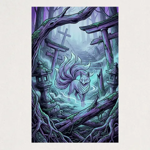 9:16 vertical poster, a lone nine-tailed fox spirit at the center of ancient mos - AI生成图片 4