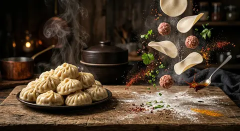 A cinematic editorial food portrait of “The Emberveil Momo Pair”: freshly steame - AI生成图片 4