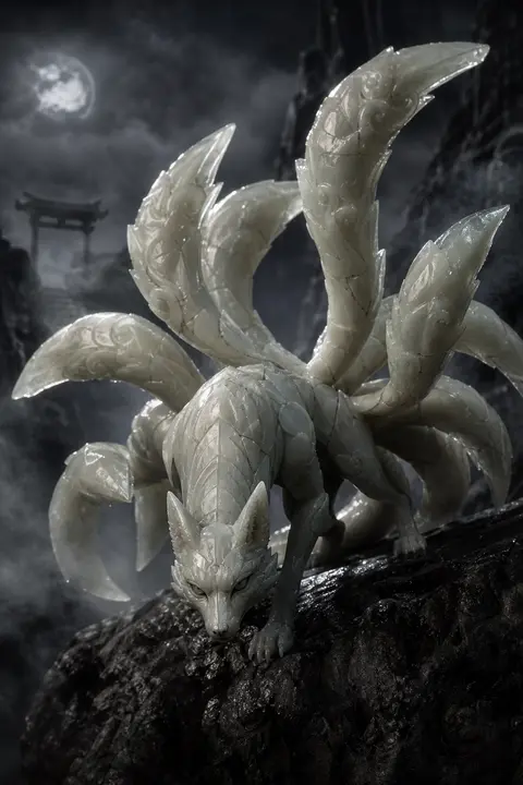 A nine-tailed fox spirit, carved from translucent jade, coils through a fog-chok - AI生成图片 2