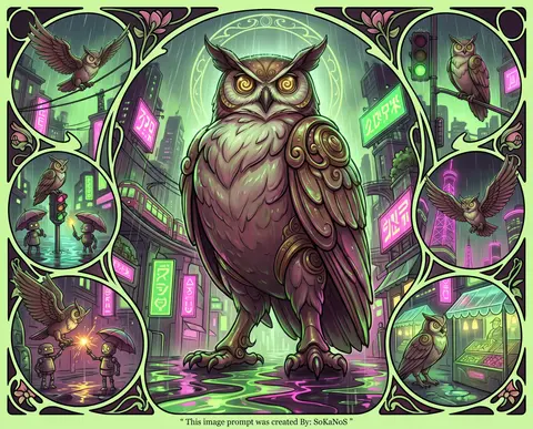 A mischievous clockwork owl posed as the towering centerpiece of a 3:4 art nouve - AI生成图片 1