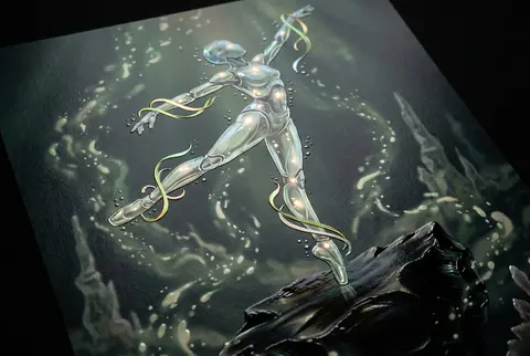A solitary robotic ballet dancer fashioned from translucent molten glass descend - AI生成图片 2