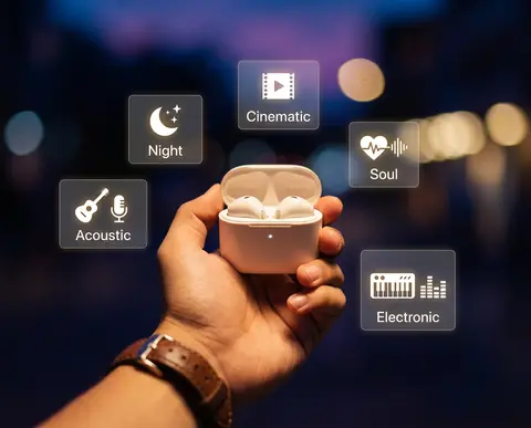 one natural hand holding the open charging case as the emotional anchor. a few f - AI生成图片 3